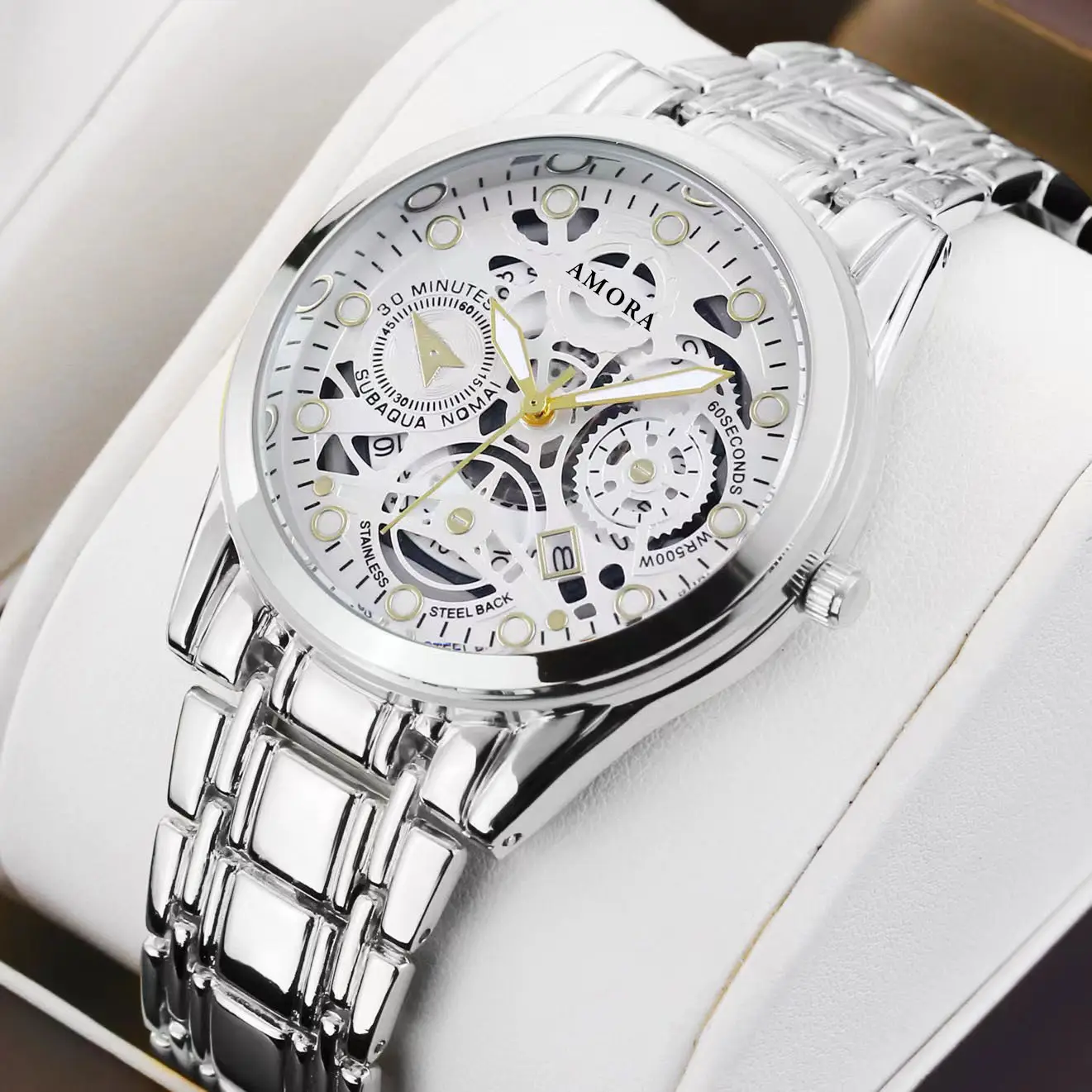 Gold Skeleton Watch with Luminous Dial & Stainless Band - Image 7