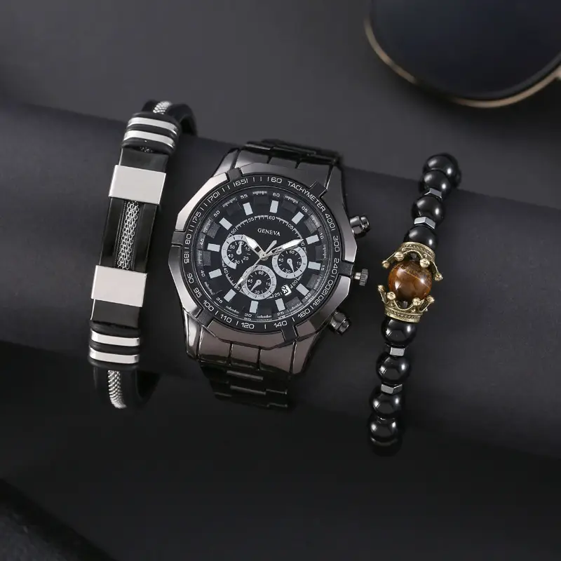 Men's Black Steel Band 3Pc Quartz Watch Set
