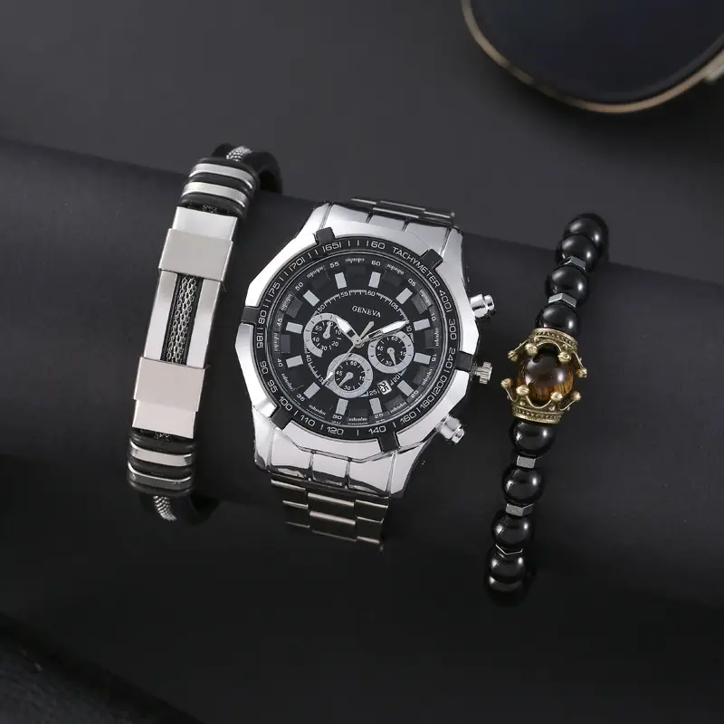 Men's Black Steel Band 3Pc Quartz Watch Set