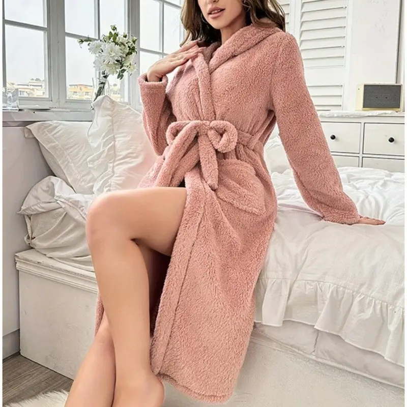 Winter Pink Fleece Bathrobe for Women with Belt and Pockets - Image 3