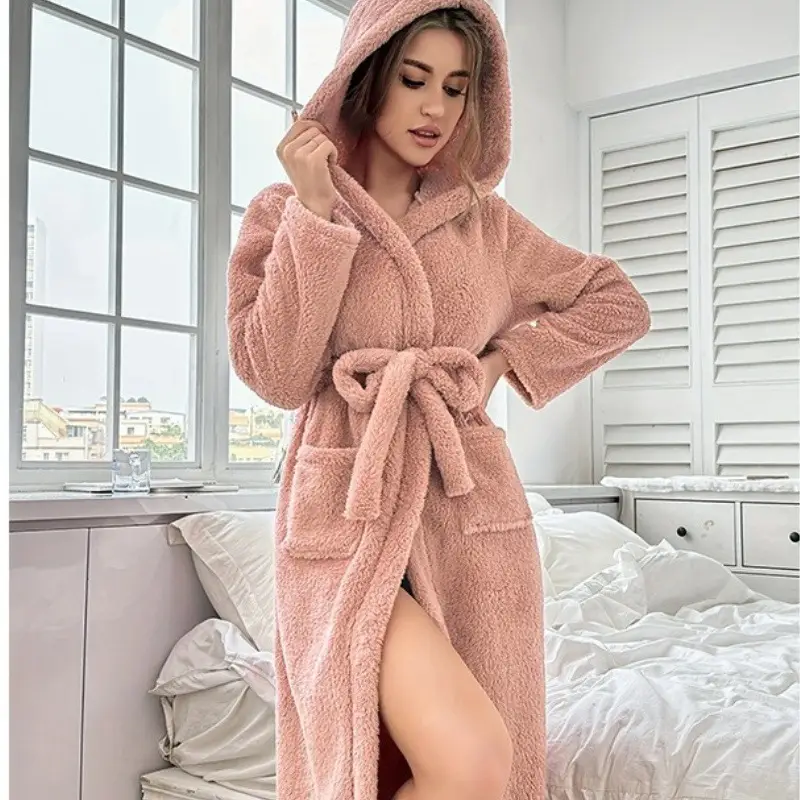 Winter Pink Fleece Bathrobe for Women with Belt and Pockets - Image 4