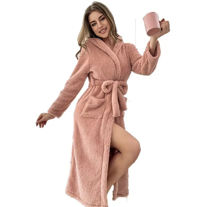 Winter Pink Fleece Bathrobe for Women with Belt and Pockets - Image 6