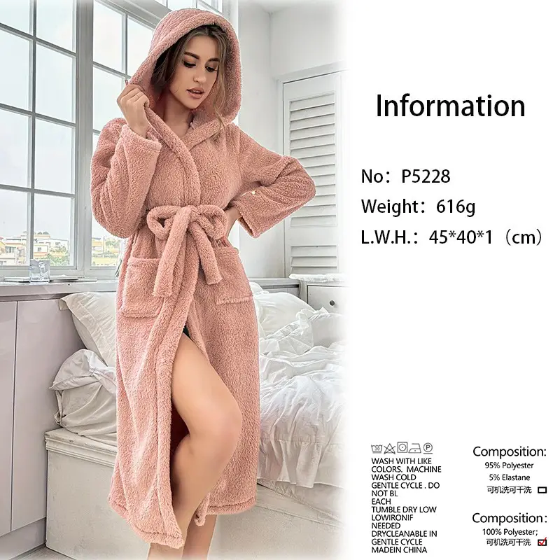 Winter Pink Fleece Bathrobe for Women with Belt and Pockets — feature 4