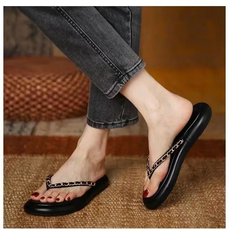 Women's Leather Chain Flip-Flops Summer 2024 - Image 5