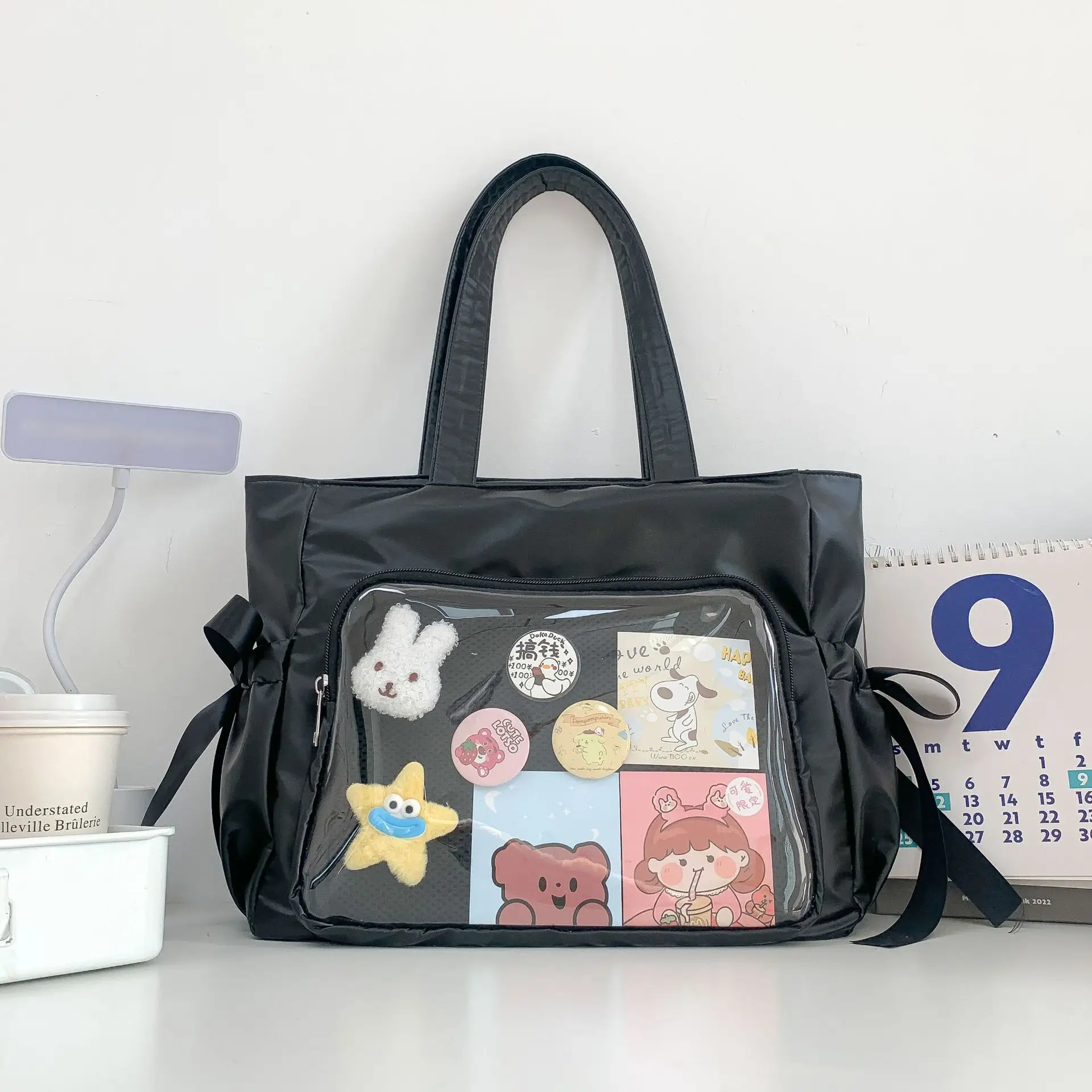 Japanese Ballet Style Puffy Tote Bag for Girls Black