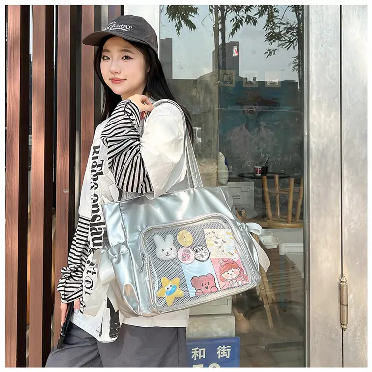 Japanese Ballet Style Puffy Tote Bag for Girls Black — feature 28