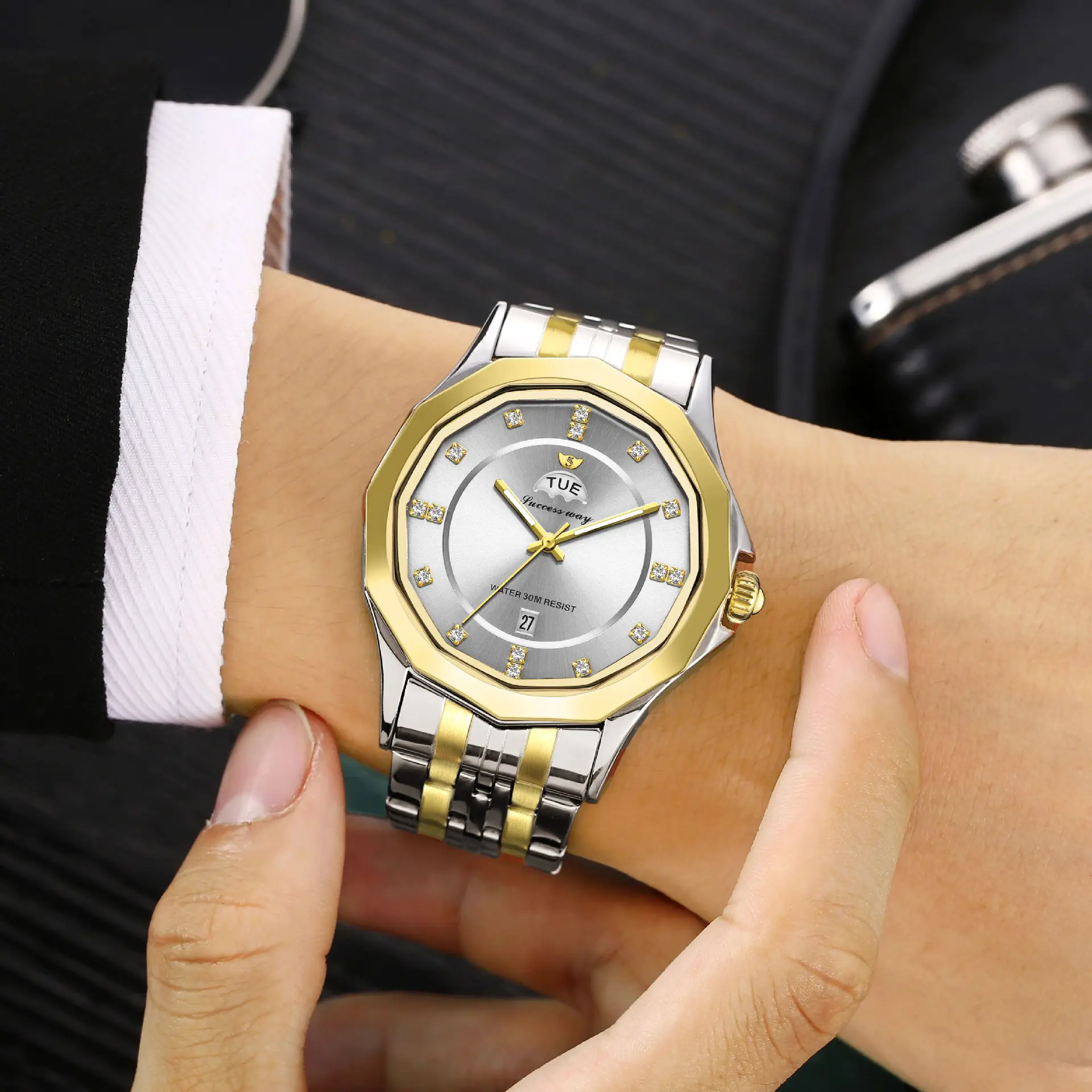 Men's Gold Silver Diamond Watch with Steel Belt - Image 6