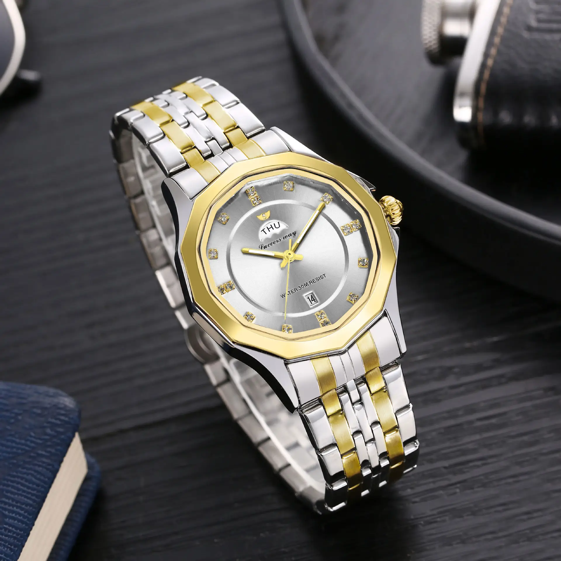 Men's Gold Silver Diamond Watch with Steel Belt - Image 7