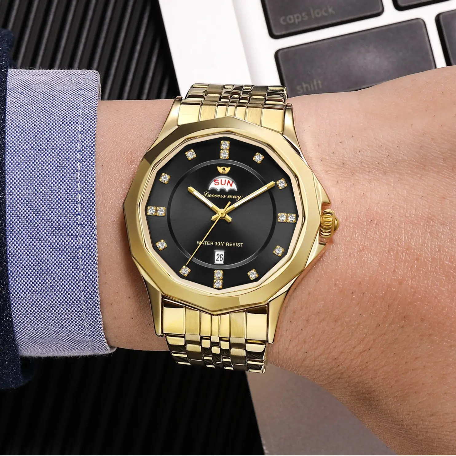 Men's Gold Silver Diamond Watch with Steel Belt - Image 8