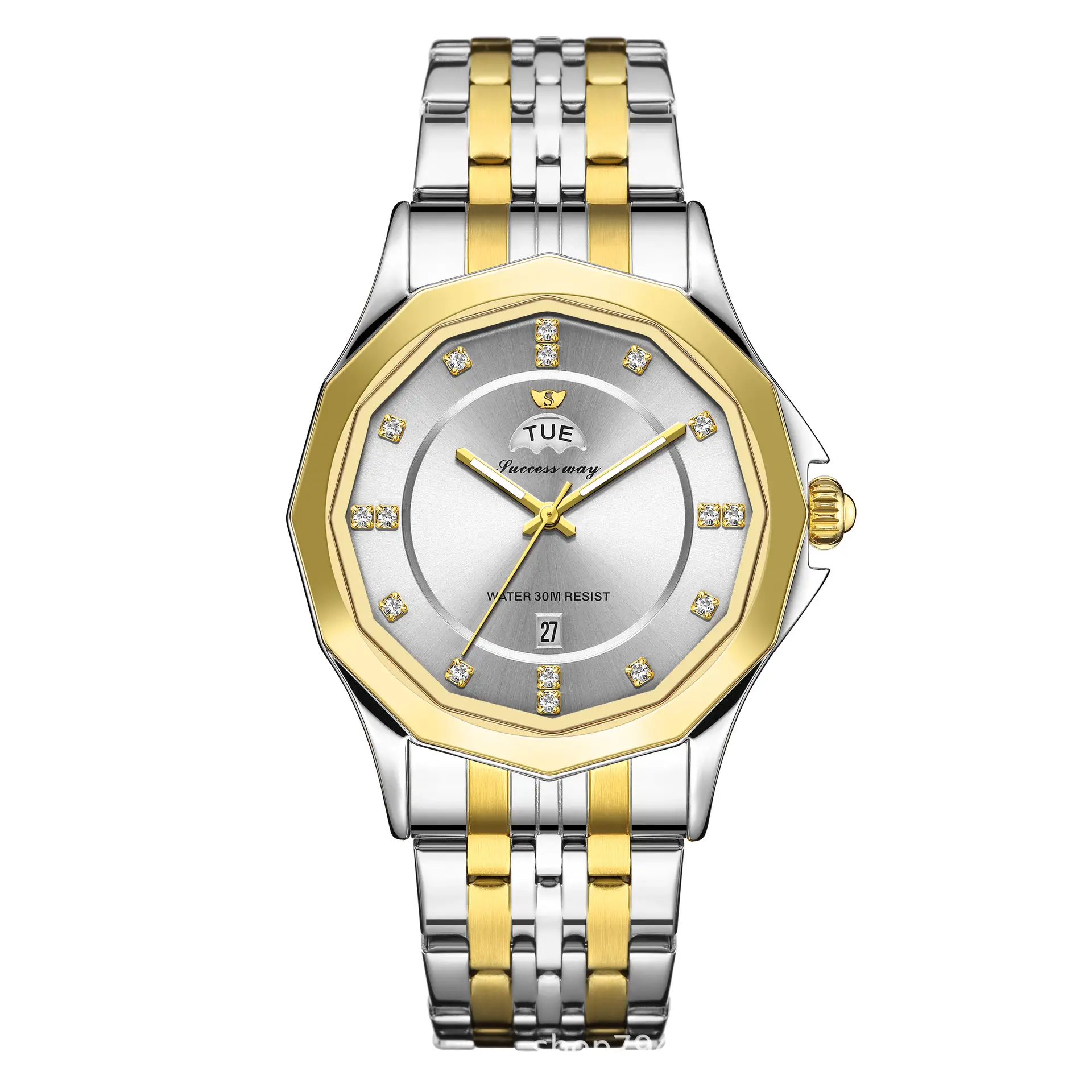 Men's Gold Silver Diamond Watch with Steel Belt - Image 3