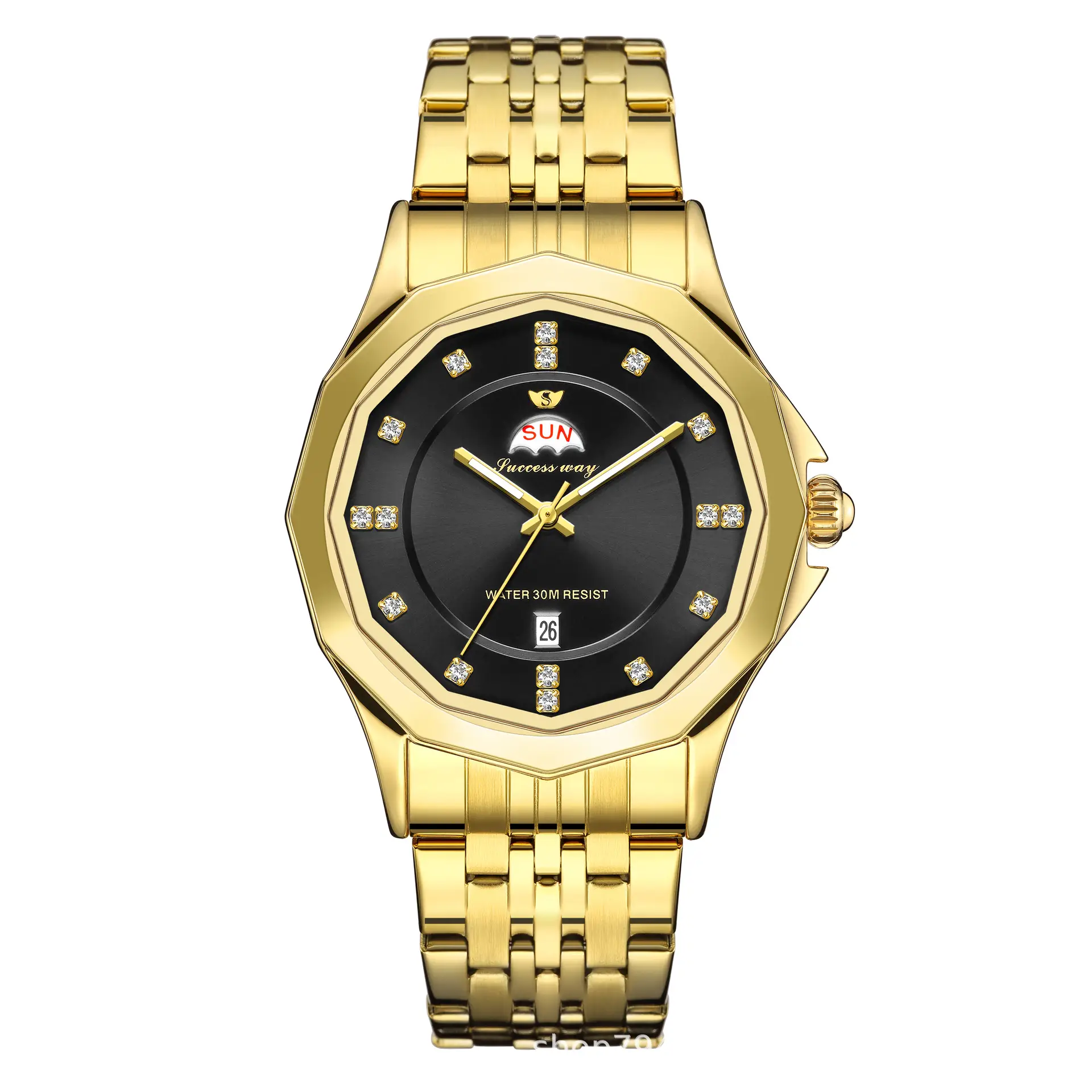Men's Gold Silver Diamond Watch with Steel Belt - Image 2