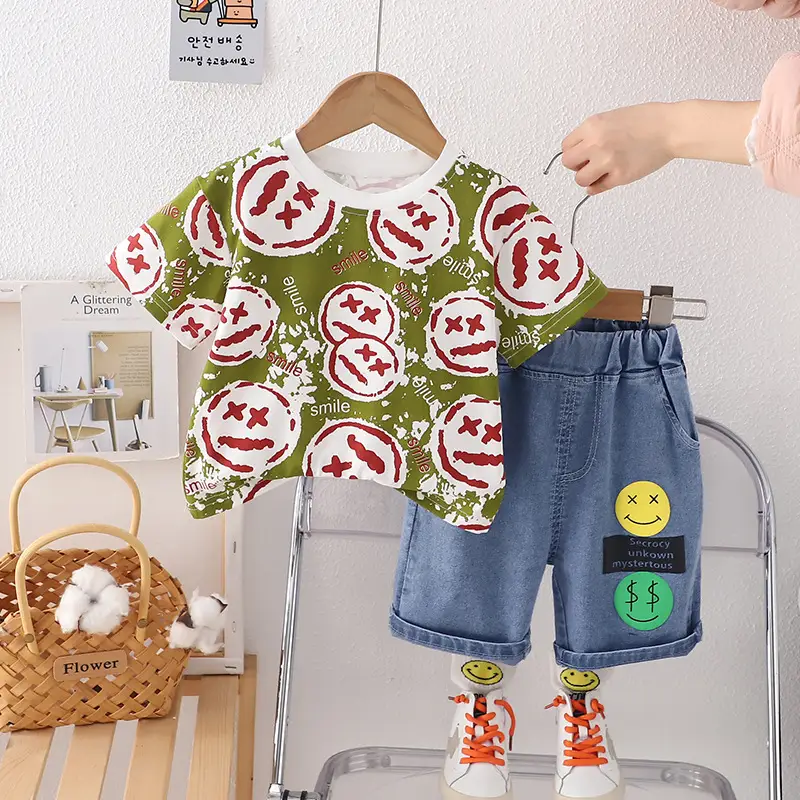 Boys 2Pc Printed T-Shirt Shorts Set Yellow Green Summer Wear - Image 2