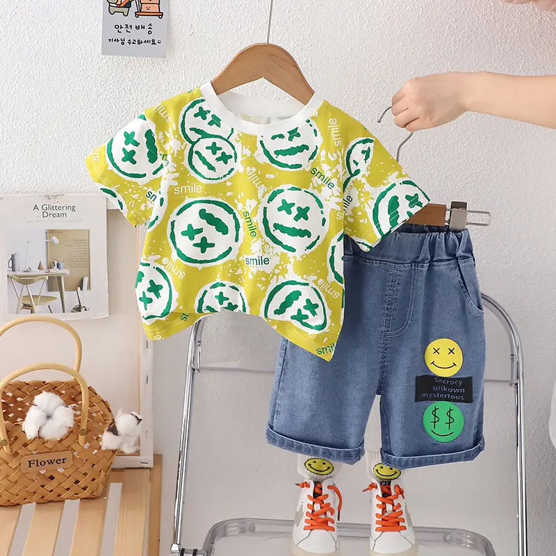 Boys 2Pc Printed T-Shirt Shorts Set Yellow Green Summer Wear - Image 3
