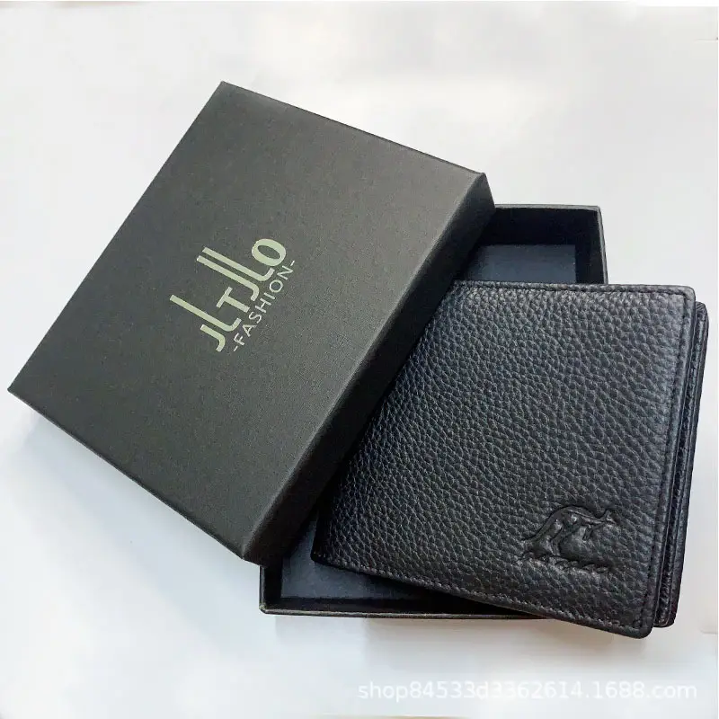 Kangaroo Domain Genuine Leather Wallet Cowhide Wallet Men's Short Cowhide Wallet with Zipper Trendy Driver's License Card Bag
