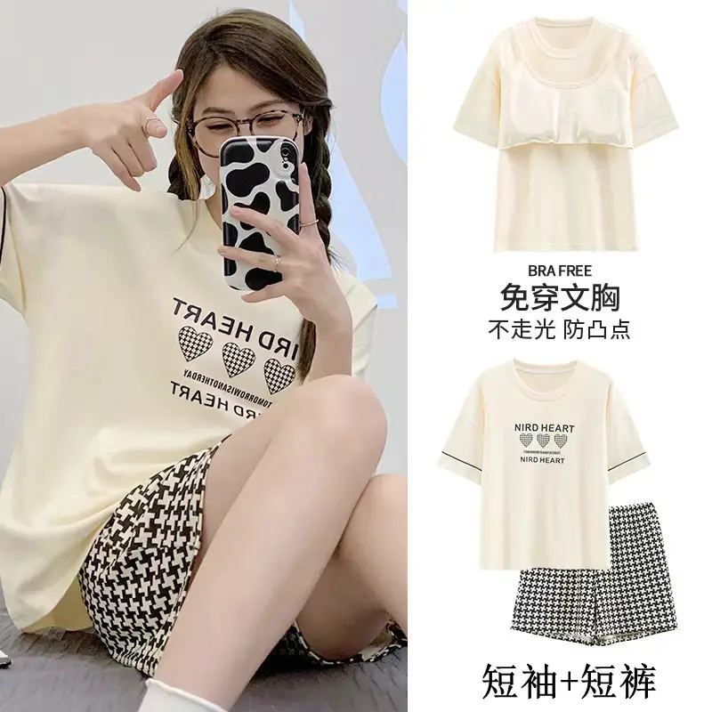 Pajamas with Breast Pads, Summer Short-Sleeved, Can Be Worn Outside, Home Wear Two-Piece Set, 2025 New Summer Cartoon Girl Style