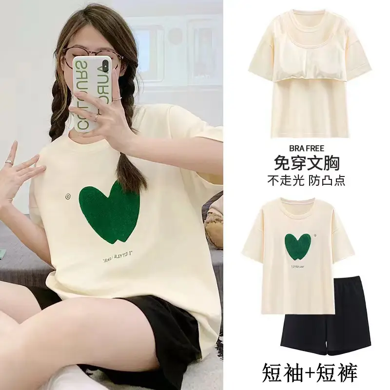 Pajamas with Breast Pads, Summer Short-Sleeved, Can Be Worn Outside, Home Wear Two-Piece Set, 2025 New Summer Cartoon Girl Style