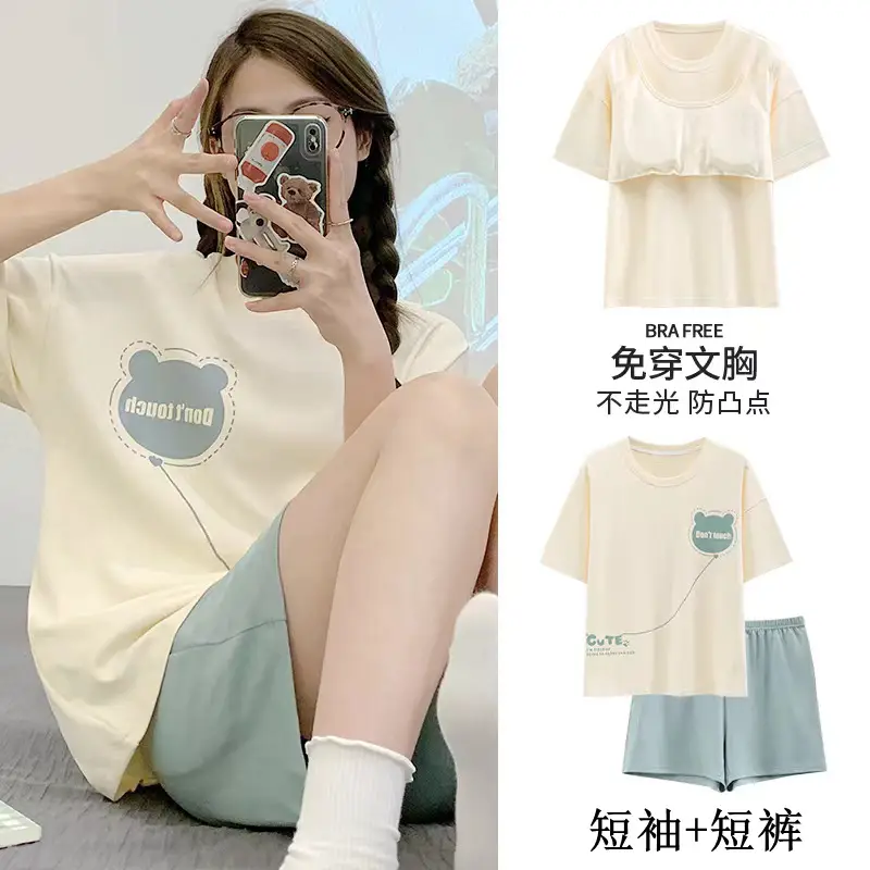 Pajamas with Breast Pads, Summer Short-Sleeved, Can Be Worn Outside, Home Wear Two-Piece Set, 2025 New Summer Cartoon Girl Style — feature 2