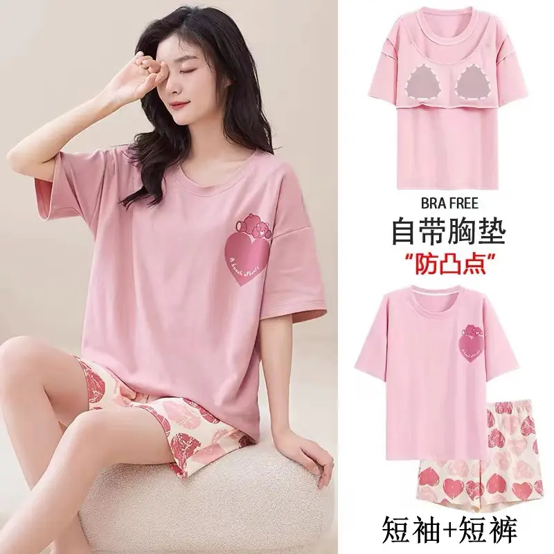 Pajamas with Breast Pads, Summer Short-Sleeved, Can Be Worn Outside, Home Wear Two-Piece Set, 2025 New Summer Cartoon Girl Style — feature 6