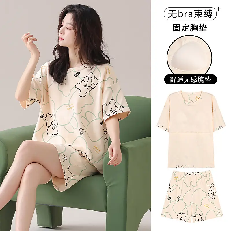 Pajamas with Breast Pads, Summer Short-Sleeved, Can Be Worn Outside, Home Wear Two-Piece Set, 2025 New Summer Cartoon Girl Style