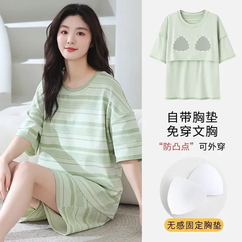 Pajamas with Breast Pads, Summer Short-Sleeved, Can Be Worn Outside, Home Wear Two-Piece Set, 2025 New Summer Cartoon Girl Style