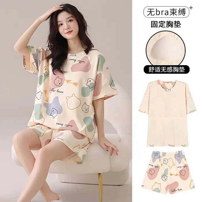Pajamas with Breast Pads, Summer Short-Sleeved, Can Be Worn Outside, Home Wear Two-Piece Set, 2025 New Summer Cartoon Girl Style