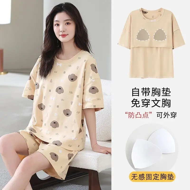 Pajamas with Breast Pads, Summer Short-Sleeved, Can Be Worn Outside, Home Wear Two-Piece Set, 2025 New Summer Cartoon Girl Style