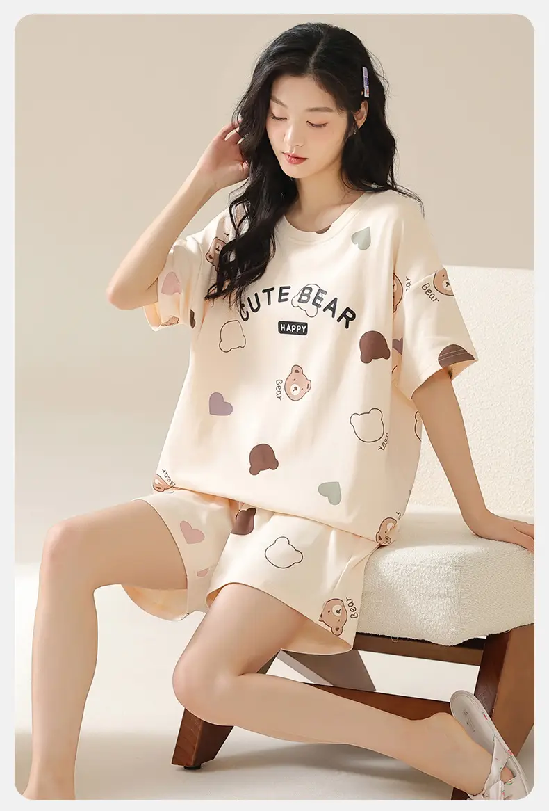 Pajamas with Breast Pads, Summer Short-Sleeved, Can Be Worn Outside, Home Wear Two-Piece Set, 2025 New Summer Cartoon Girl Style