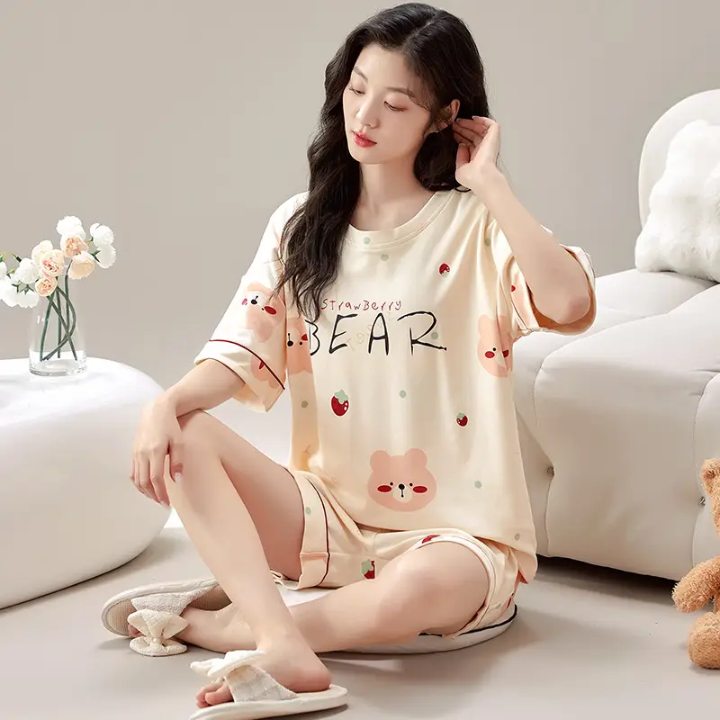 Pajamas with Breast Pads, Summer Short-Sleeved, Can Be Worn Outside, Home Wear Two-Piece Set, 2025 New Summer Cartoon Girl Style