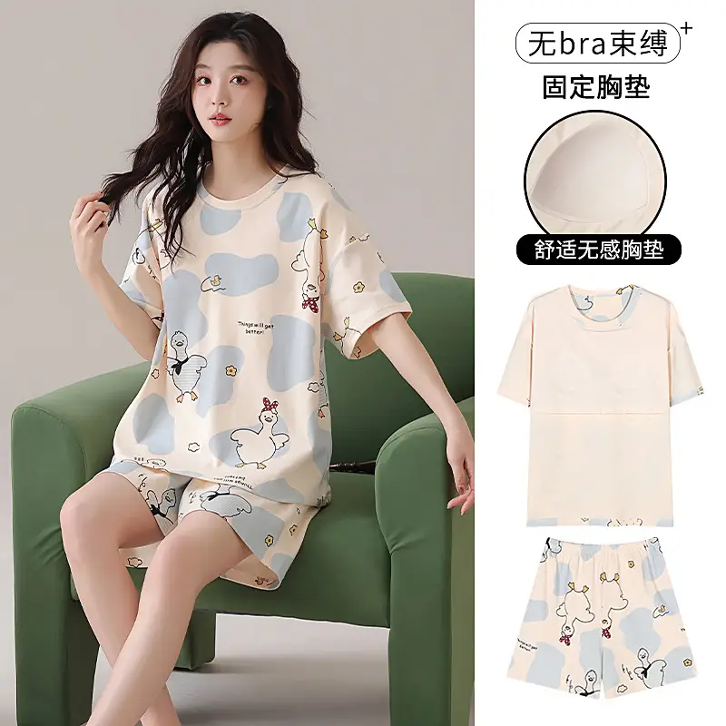 Pajamas with Breast Pads, Summer Short-Sleeved, Can Be Worn Outside, Home Wear Two-Piece Set, 2025 New Summer Cartoon Girl Style