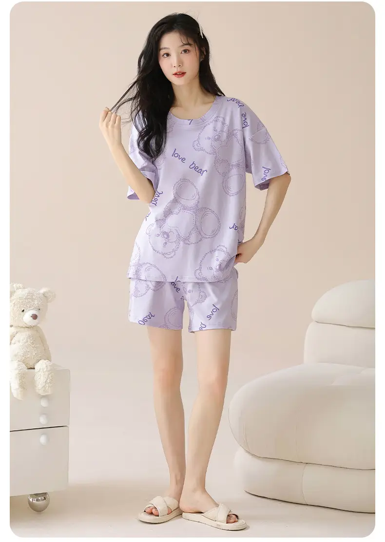 Pajamas with Breast Pads, Summer Short-Sleeved, Can Be Worn Outside, Home Wear Two-Piece Set, 2025 New Summer Cartoon Girl Style