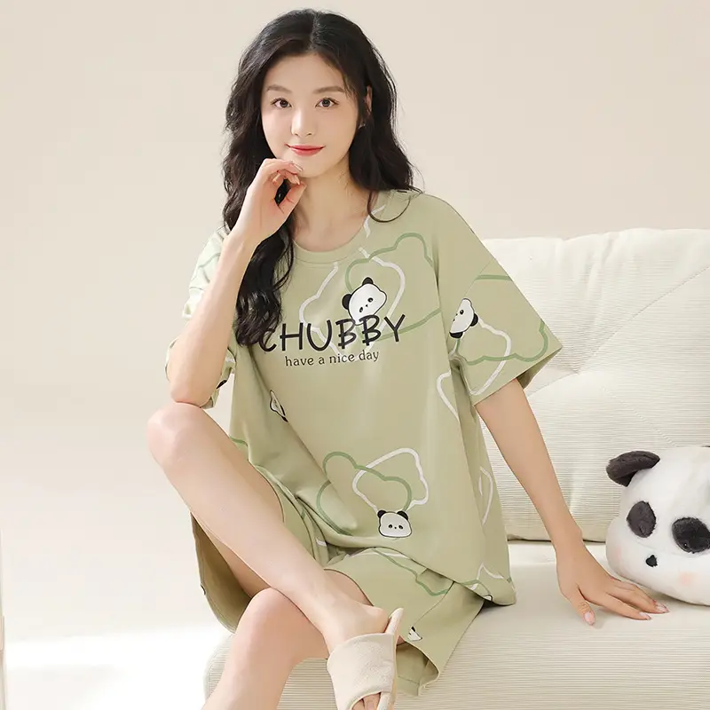 Pajamas with Breast Pads, Summer Short-Sleeved, Can Be Worn Outside, Home Wear Two-Piece Set, 2025 New Summer Cartoon Girl Style