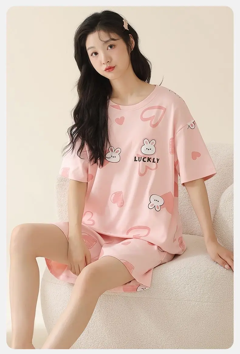 Pajamas with Breast Pads, Summer Short-Sleeved, Can Be Worn Outside, Home Wear Two-Piece Set, 2025 New Summer Cartoon Girl Style