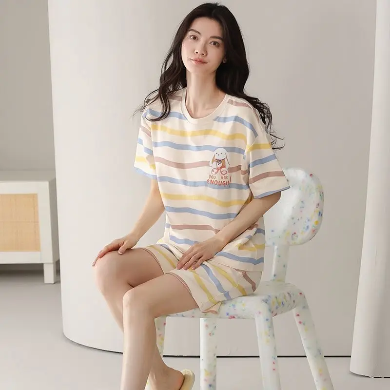 Pajamas with Breast Pads, Summer Short-Sleeved, Can Be Worn Outside, Home Wear Two-Piece Set, 2025 New Summer Cartoon Girl Style