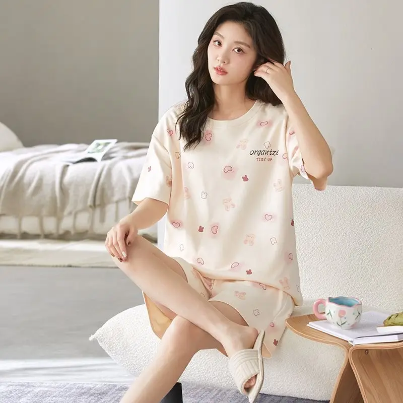 Pajamas with Breast Pads, Summer Short-Sleeved, Can Be Worn Outside, Home Wear Two-Piece Set, 2025 New Summer Cartoon Girl Style