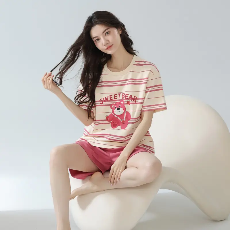 Pajamas with Breast Pads, Summer Short-Sleeved, Can Be Worn Outside, Home Wear Two-Piece Set, 2025 New Summer Cartoon Girl Style