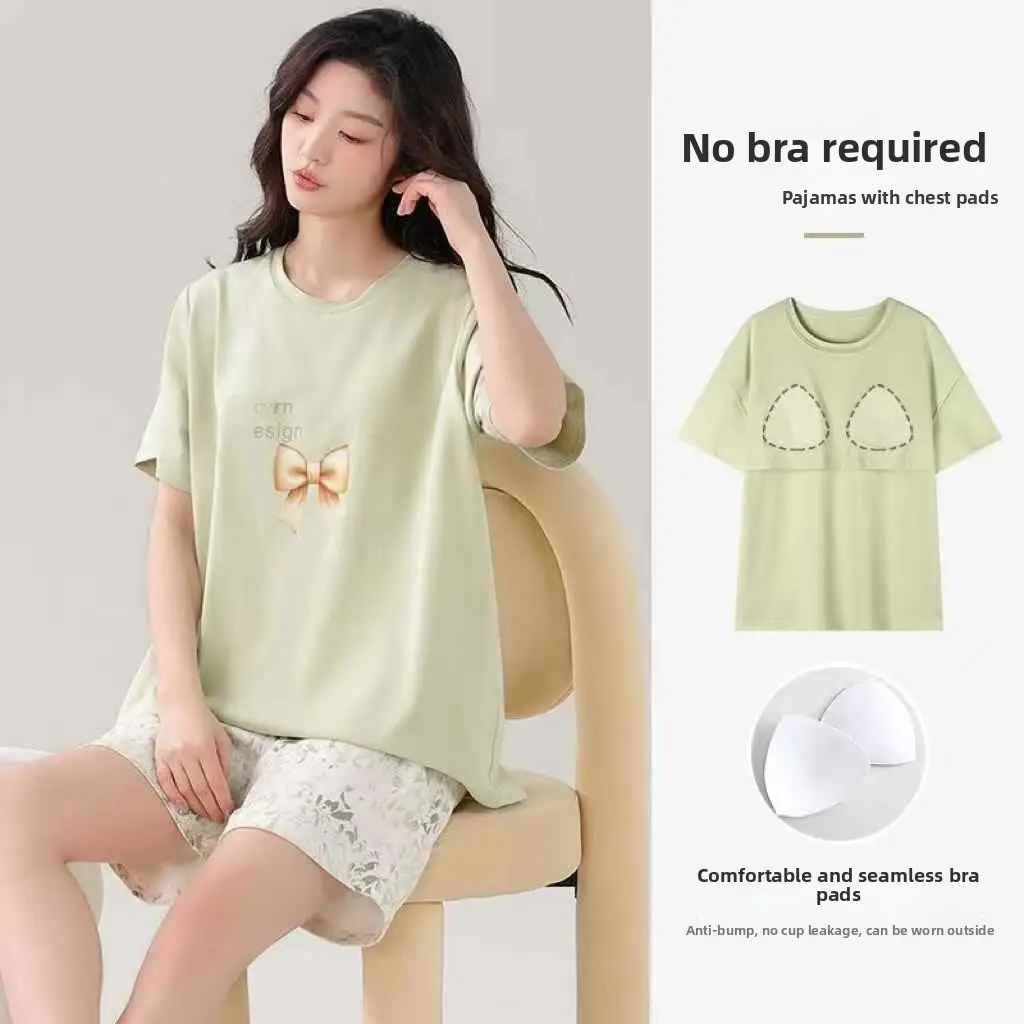 Pajamas with Breast Pads, Summer Short-Sleeved, Can Be Worn Outside, Home Wear Two-Piece Set, 2025 New Summer Cartoon Girl Style