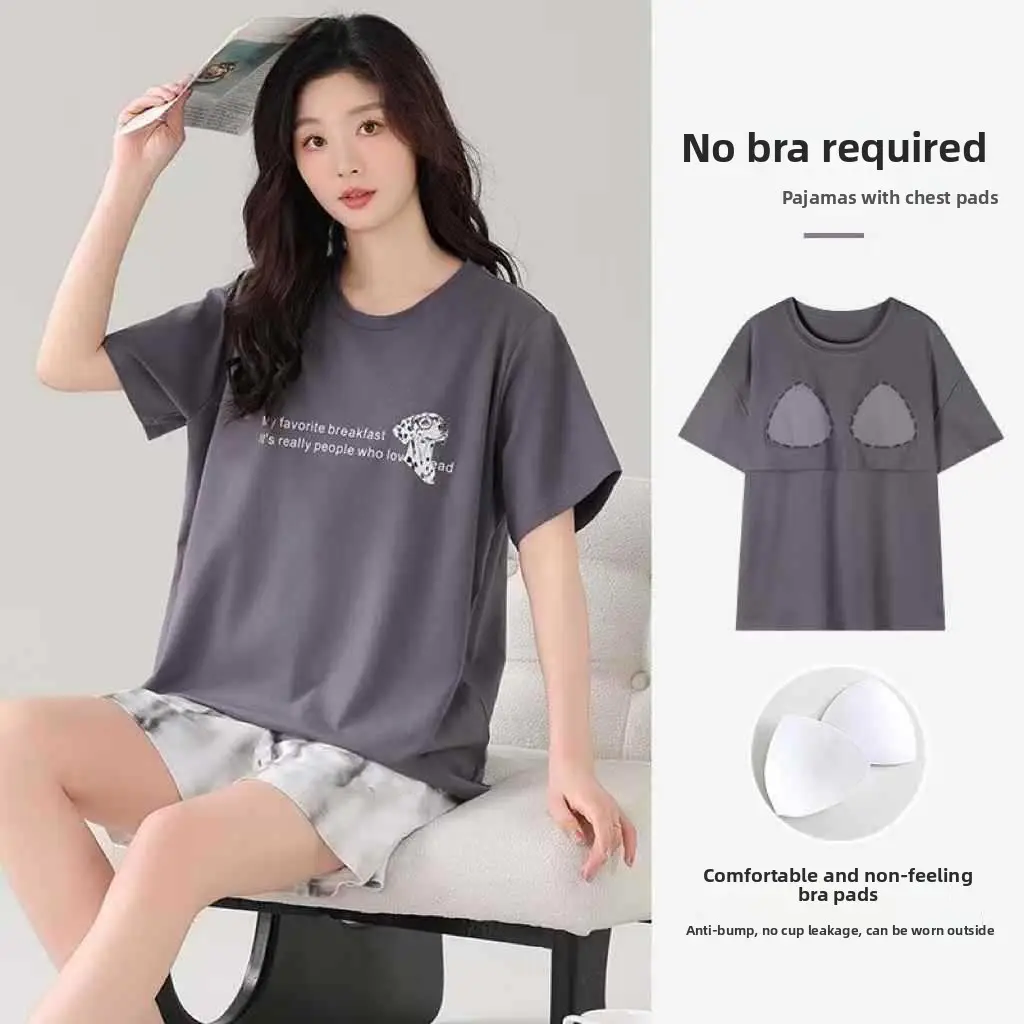 Pajamas with Breast Pads, Summer Short-Sleeved, Can Be Worn Outside, Home Wear Two-Piece Set, 2025 New Summer Cartoon Girl Style