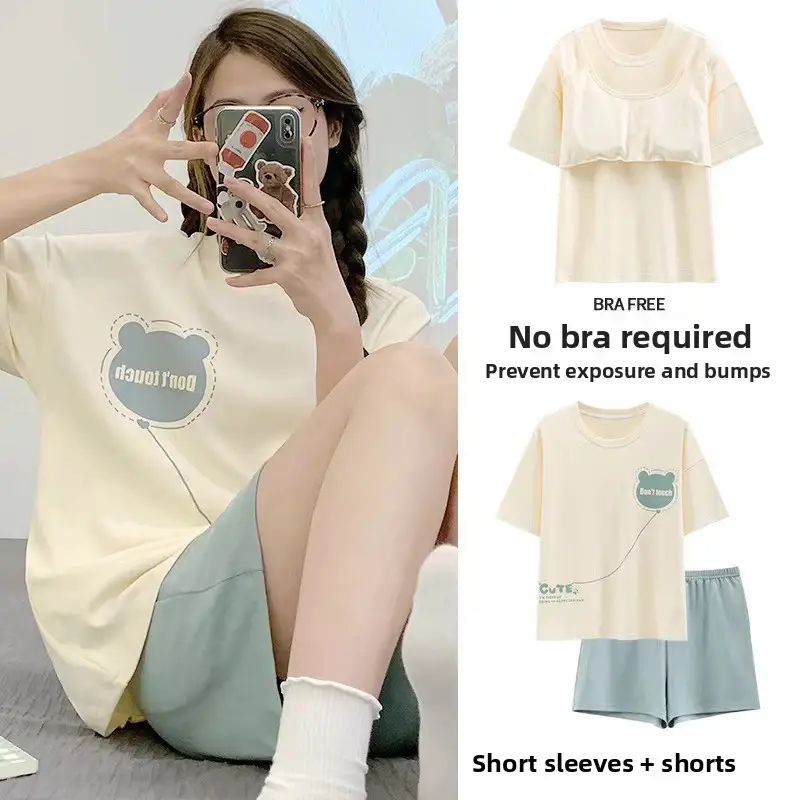 Pajamas with Breast Pads, Summer Short-Sleeved, Can Be Worn Outside, Home Wear Two-Piece Set, 2025 New Summer Cartoon Girl Style