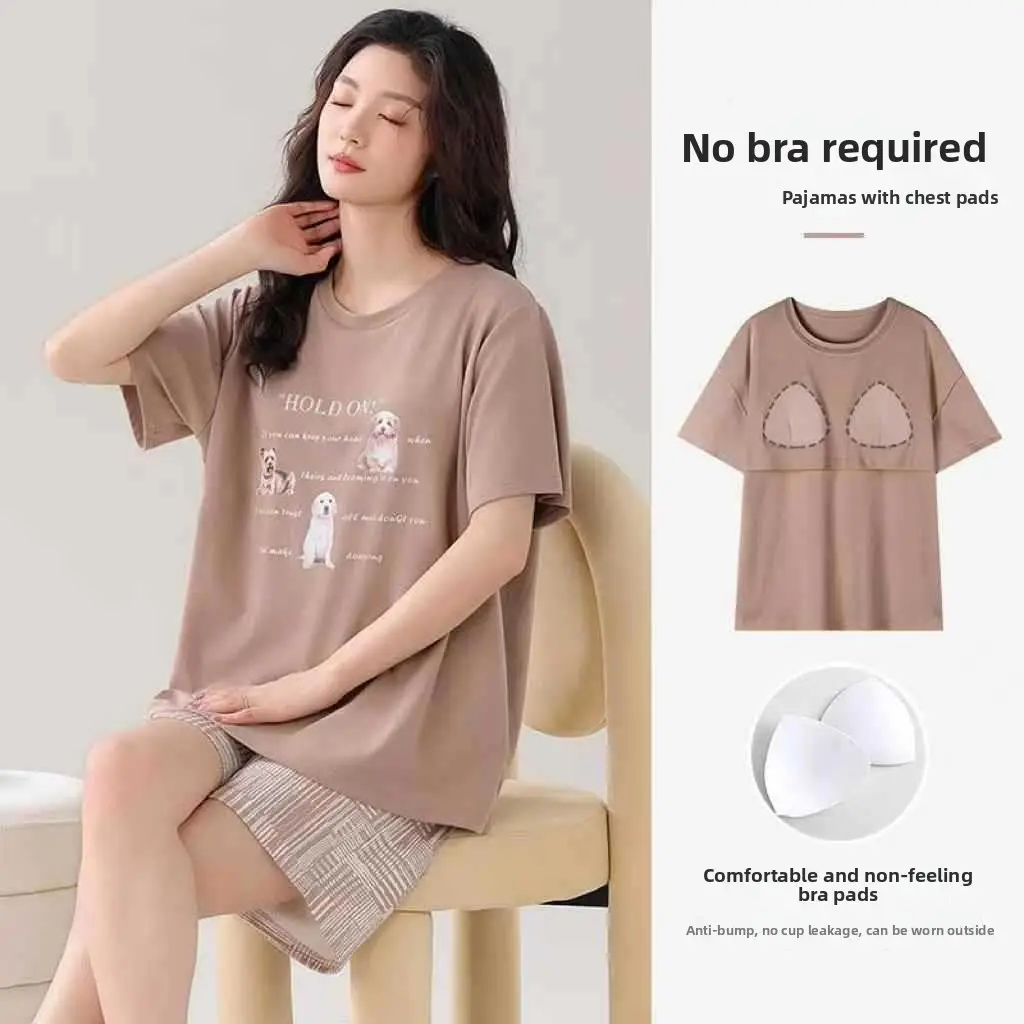 Pajamas with Breast Pads, Summer Short-Sleeved, Can Be Worn Outside, Home Wear Two-Piece Set, 2025 New Summer Cartoon Girl Style