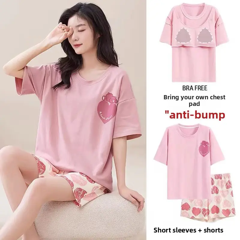 Pajamas with Breast Pads, Summer Short-Sleeved, Can Be Worn Outside, Home Wear Two-Piece Set, 2025 New Summer Cartoon Girl Style