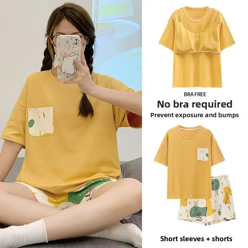 Pajamas with Breast Pads, Summer Short-Sleeved, Can Be Worn Outside, Home Wear Two-Piece Set, 2025 New Summer Cartoon Girl Style