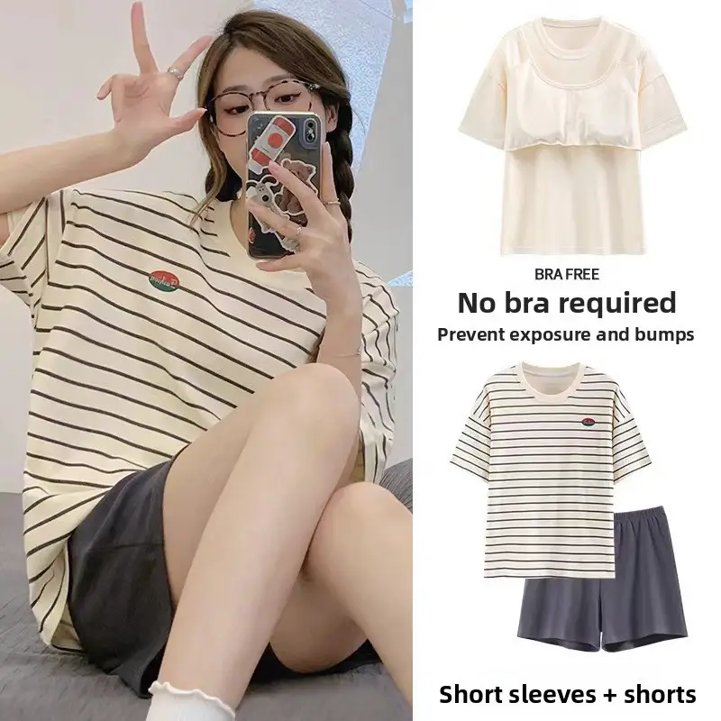 Pajamas with Breast Pads, Summer Short-Sleeved, Can Be Worn Outside, Home Wear Two-Piece Set, 2025 New Summer Cartoon Girl Style