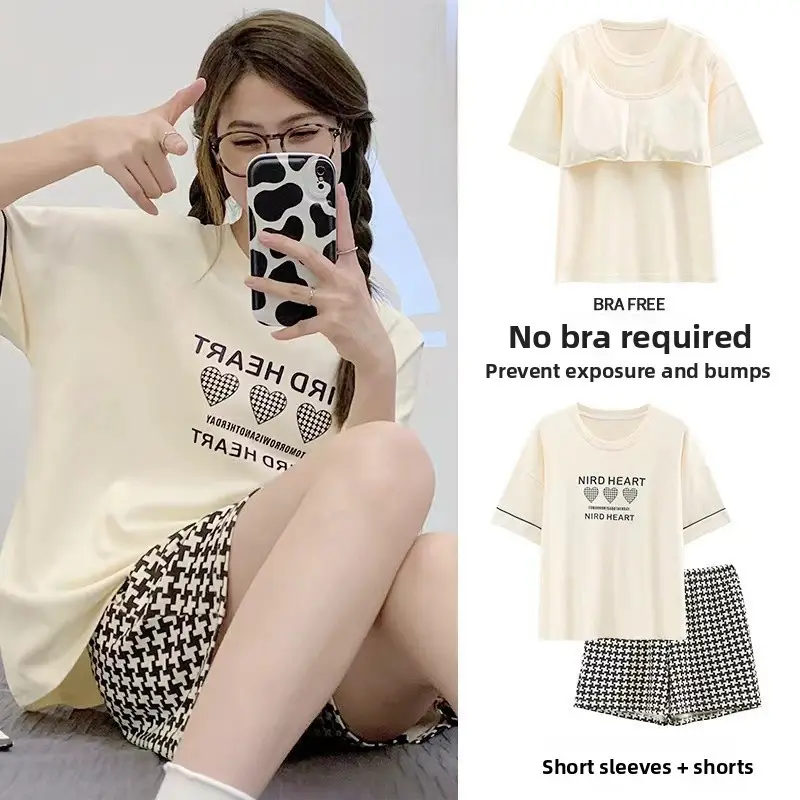 Pajamas with Breast Pads, Summer Short-Sleeved, Can Be Worn Outside, Home Wear Two-Piece Set, 2025 New Summer Cartoon Girl Style