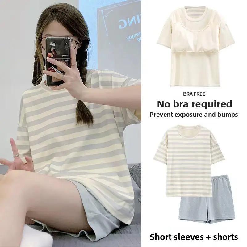 Pajamas with Breast Pads, Summer Short-Sleeved, Can Be Worn Outside, Home Wear Two-Piece Set, 2025 New Summer Cartoon Girl Style