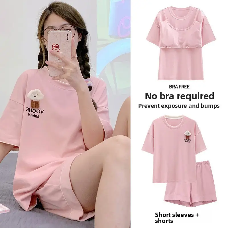Pajamas with Breast Pads, Summer Short-Sleeved, Can Be Worn Outside, Home Wear Two-Piece Set, 2025 New Summer Cartoon Girl Style