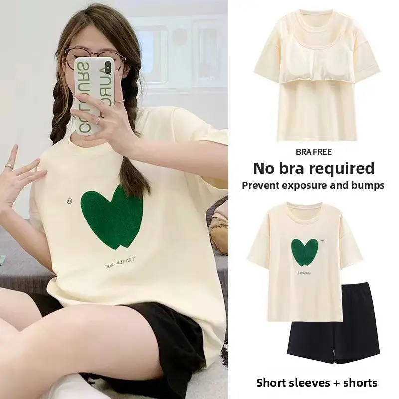 Pajamas with Breast Pads, Summer Short-Sleeved, Can Be Worn Outside, Home Wear Two-Piece Set, 2025 New Summer Cartoon Girl Style