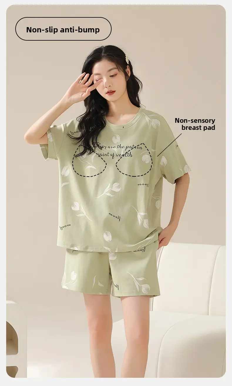Pajamas with Breast Pads, Summer Short-Sleeved, Can Be Worn Outside, Home Wear Two-Piece Set, 2025 New Summer Cartoon Girl Style