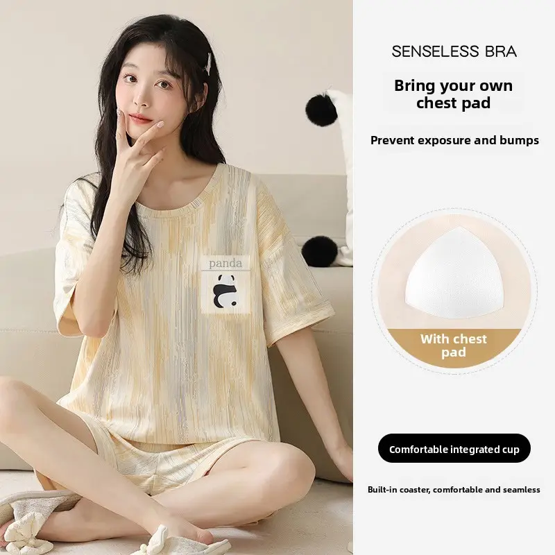 Pajamas with Breast Pads, Summer Short-Sleeved, Can Be Worn Outside, Home Wear Two-Piece Set, 2025 New Summer Cartoon Girl Style