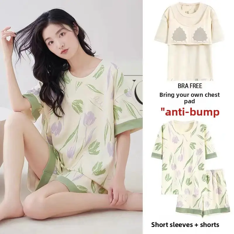 Pajamas with Breast Pads, Summer Short-Sleeved, Can Be Worn Outside, Home Wear Two-Piece Set, 2025 New Summer Cartoon Girl Style