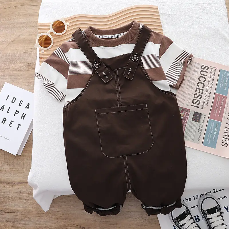Men's Brown Strappy Baby Boys T-Shirt Two-Piece Set - Image 3